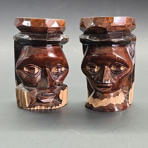 Vintage Jamaican CARVED Wood King Queen Head Set 3.25" Totem Head Decor
